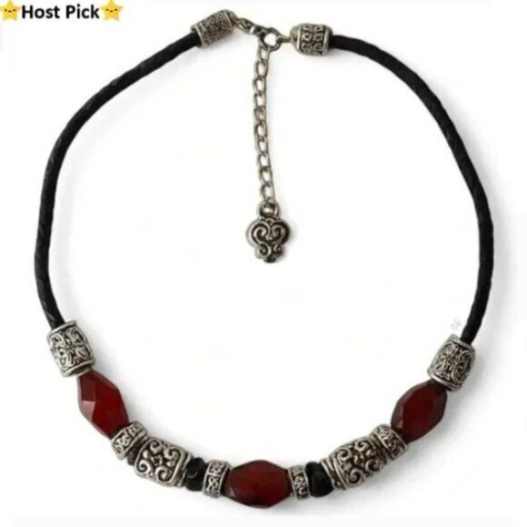 Source Unknown Jewelry - Vintage Red Jasper Necklace – Artisan Silver Accents on Braided Cord